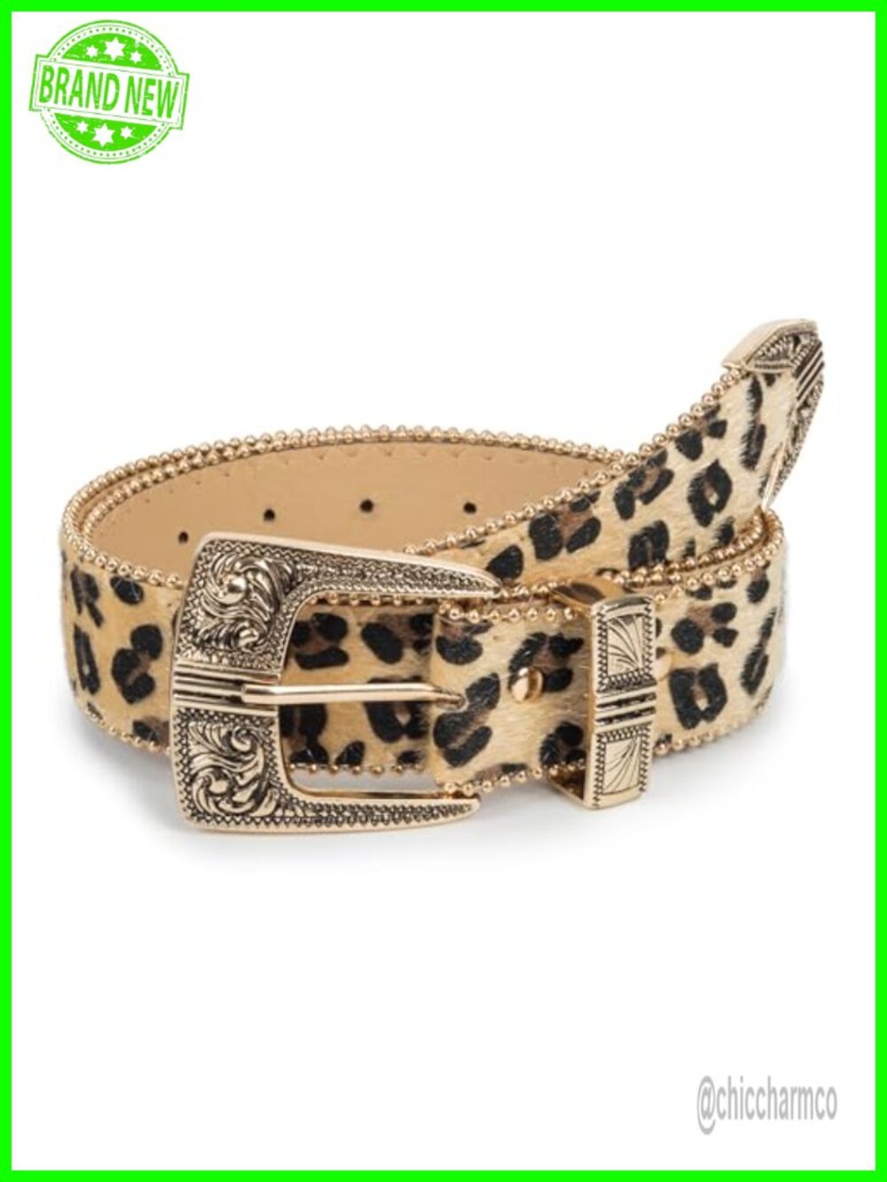 Faux Leather Leopard Print Belt with Gold Pin Buckle Adjustable